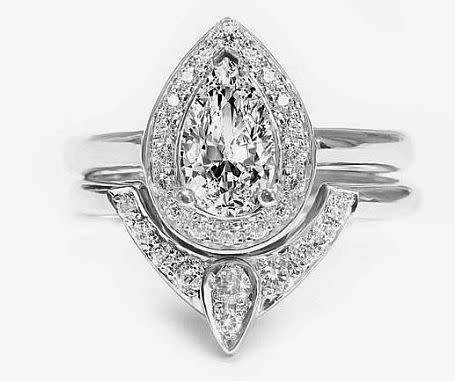 SOLID STERLING SILVER! 1.70 Carat Simulated Diamond Designer Halo Pear Double Wedding Ring Set