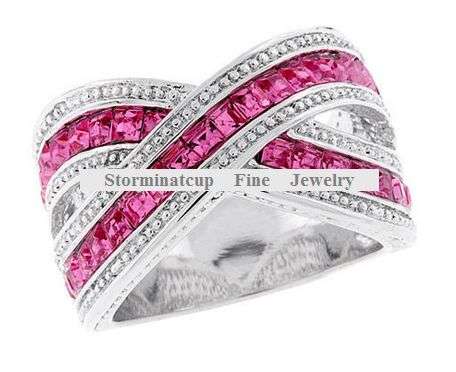 **NO RESERVE!***STUNNING! THICK HEAVY SOLID STERLING SILVER CZ PINK SAPPHIRE&DIAMOND CROSSOVER RING