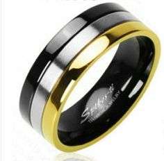 **FULLY INSURED INTL SHIPPING!**UNIQUE TITANIUM, GOLD, ONYX IN SATIN SMOOTH FINISH RING size 9-14