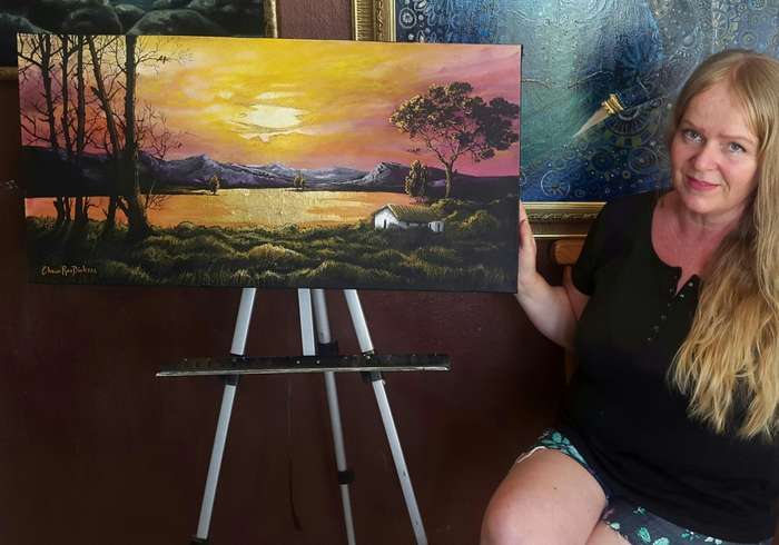 Beautiful ORIGINAL Art Acrylic SUNSET LAKE LANDSCAPE Painting by SA Artist, Cherie Roe Dirksen