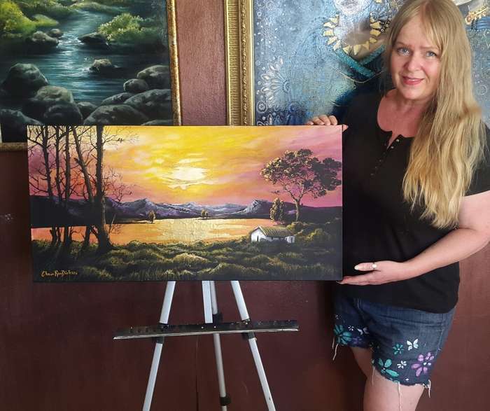 Beautiful ORIGINAL Art Acrylic SUNSET LAKE LANDSCAPE Painting by SA Artist, Cherie Roe Dirksen