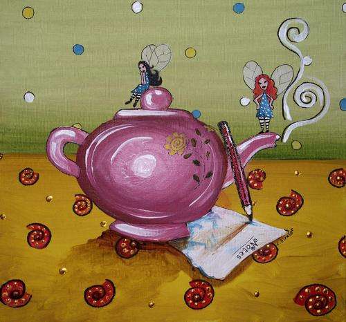 TEA-MAKING FAIRIES   ---  ORIGINAL Acrylic Painting  --  SA Artist