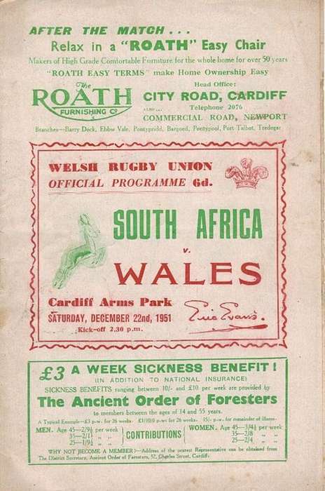 1951 - RUGBY - WALES v SA @ CARDIFF + SIGNED CARD BLEDDYN WILLIAMS WALES (V/CAPT)