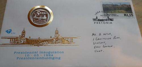 FDC PROOF 1994 MANDELA INAUGURATION COIN. Cover been written on.