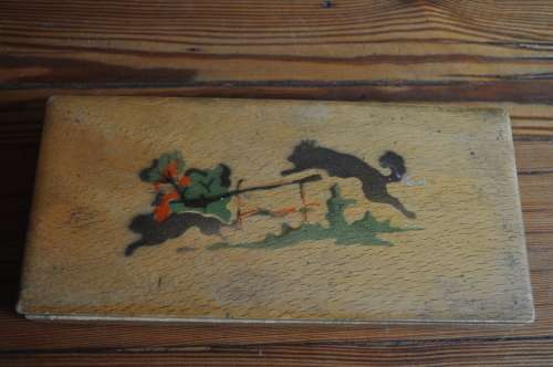 Vintage USSR Soviet Union Wooden Pencil Case Dog Chasing Cat