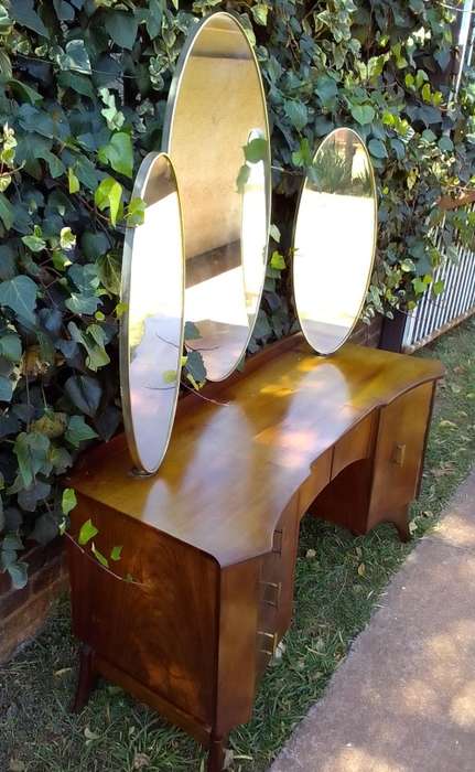 Exceptionaly nice, mid century dressing table with 3 `gold` trimmed mirrors swiveling on brass posts