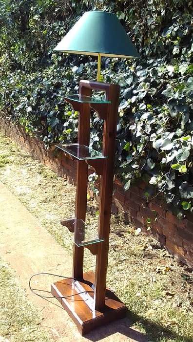 Very cool 1970`s, tall wooden lamp with three glass shelves.