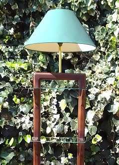 Very cool 1970`s, tall wooden lamp with three glass shelves.