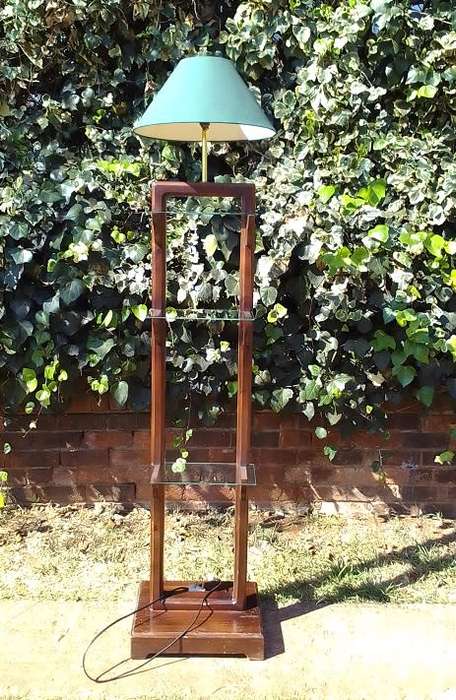 Very cool 1970`s, tall wooden lamp with three glass shelves.