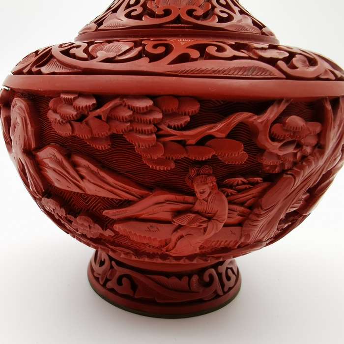 Finely Carved Vintage Chinese red Cinnabar Vase with beautiful floral and Characters design(1950-196