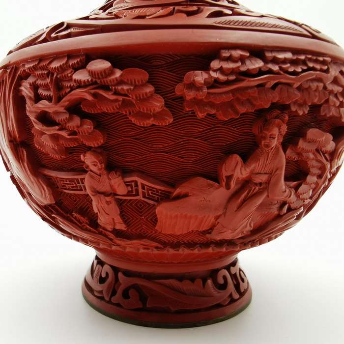 Finely Carved Vintage Chinese red Cinnabar Vase with beautiful floral and Characters design(1950-196