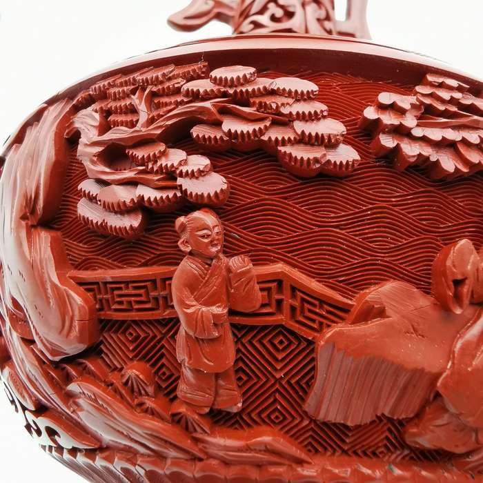Finely Carved Vintage Chinese red Cinnabar Vase with beautiful floral and Characters design(1950-196