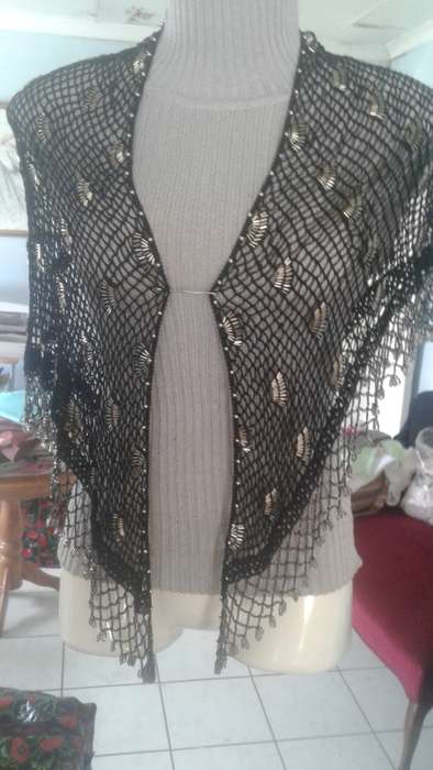 VINTAGE BEAUTIFUL EVENING  GOLD and SEE THRU BEADED BLACK CROCHET SHAWL - LIKE NEW