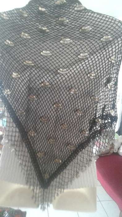 VINTAGE BEAUTIFUL EVENING  GOLD and SEE THRU BEADED BLACK CROCHET SHAWL - LIKE NEW