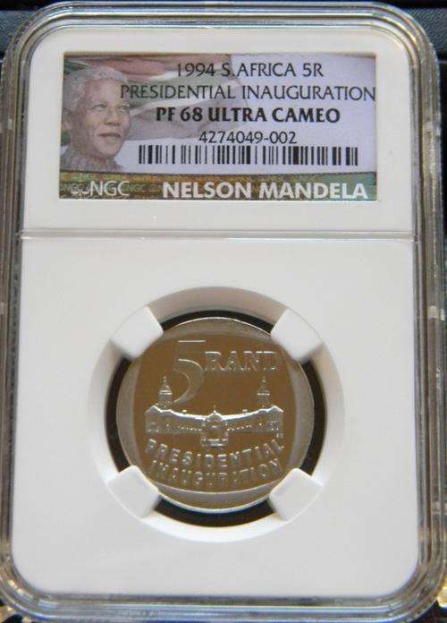 South Africa 1994 PROOF R5 Presidential Inauguration NGC Graded PF68 Ultra Cameo - Colour Label