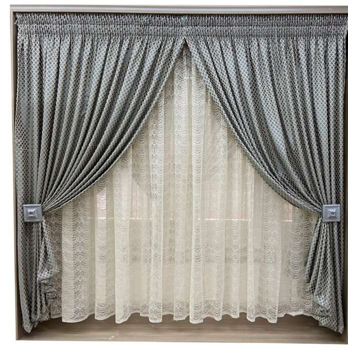 3m Diamond Curtain Set with Plain Lace