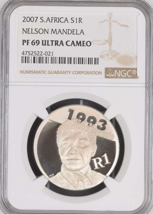 2007 NELSON MANDELA NOBEL LAUREATE SILVER R1.   NGC GRADED PF69 UC.