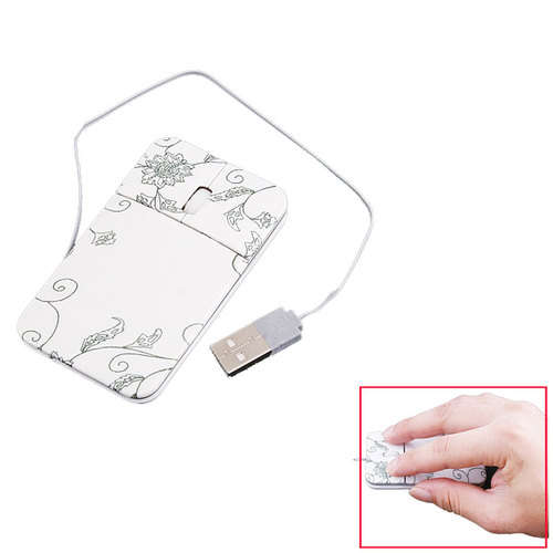 USB Mini Mouse for PC / Laptop, retractable, White with Flower Design