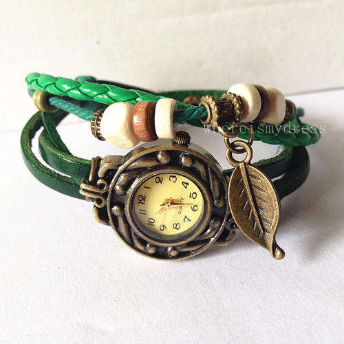 NEW - Woven Bracelet / Charm Watch - Green with Leaf Charm
