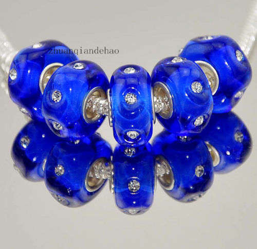 Bead, Murano Style Bead, Blue with Crystals - fits most European Charm Bracelets