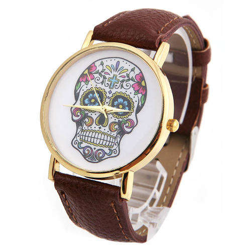 Skull Watch / Brown Leatherette Strap