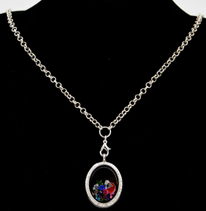 Stainless Steel Living Memory Floating Charm Oval Locket in Silver Tone  - FREE Crystals