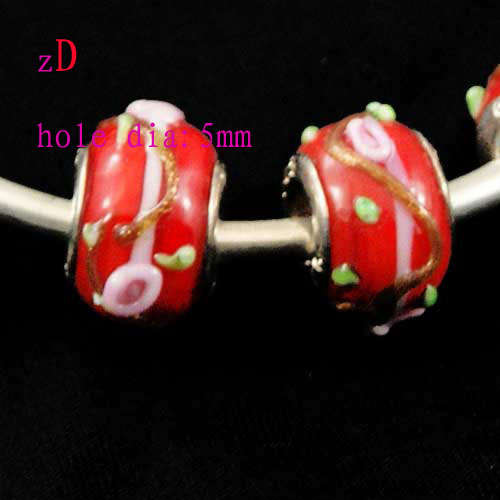 Bead, Murano Style Bead with Silver Core red roses