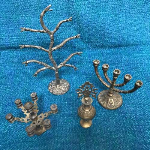 VINTAGE BRASS FIRGURES LOT 5 , CANDLE HOLDER, TREE