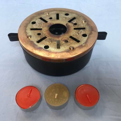 Metal plate warmer,Candle Tea-pot warmer, vintage, copper plate,70s,