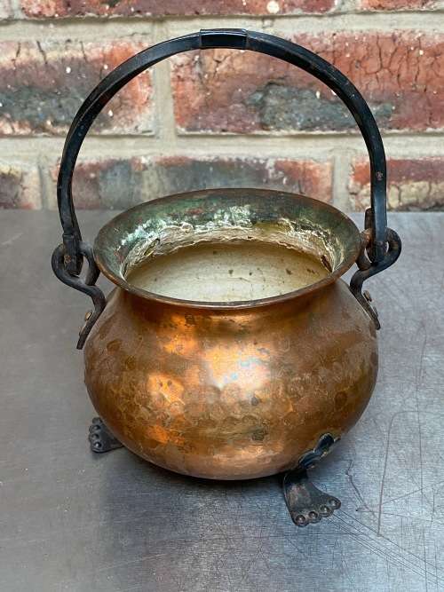 Vintage hammered copper cauldron pot with a wrought iron handle from Germany, collectors item