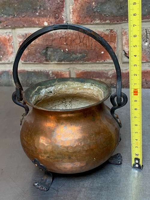 Vintage hammered copper cauldron pot with a wrought iron handle from Germany, collectors item