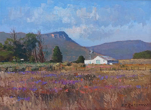 Roelof Rossouw - Karoo Farm Near Loxton - Oil on Plywood