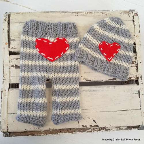 Crafty Stuff : Little Striped Beanie and Pants set with heart detail 0-3 months MADE TO ORDER