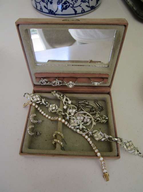 - Small Vintage Art Noveau Velvet Jewellery Box with Costume Jewellery -