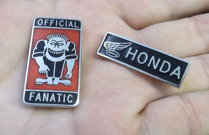 DIZZYMINX ONLY .......2 VINTAGE ENAMEL BIKER BADGES ....TOO COOL