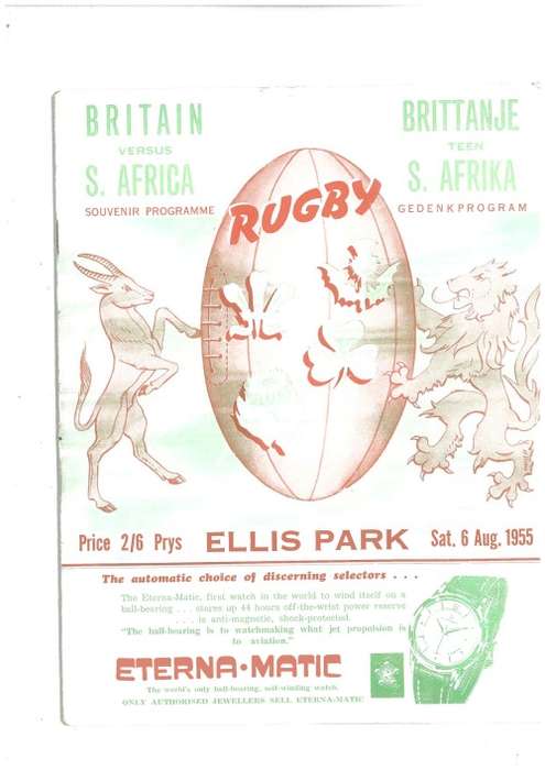 Rugby Match programme. South Africa bs British Isles 6 Aug 1955 1 test Jhb