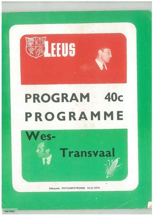 Rugby programme Western Transvaal vs British Isles 15 May 1974