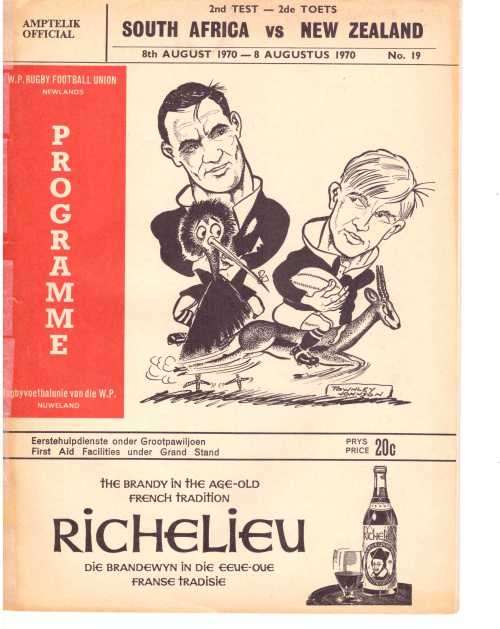 Rugby programme. SA vs New Zealand 8 August 1970 Newlands. Note: Back cover missing.