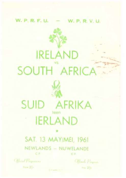 Rugby programme South Africa vs Ireland 13 May 1961 Newlands SIGNED by 5 S/boks. Dirt mark to f/c