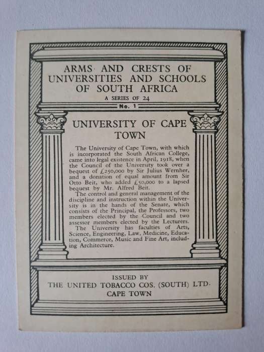 Cigarette card - Arms & crests of Southern African universities & schools - No 2 SACS