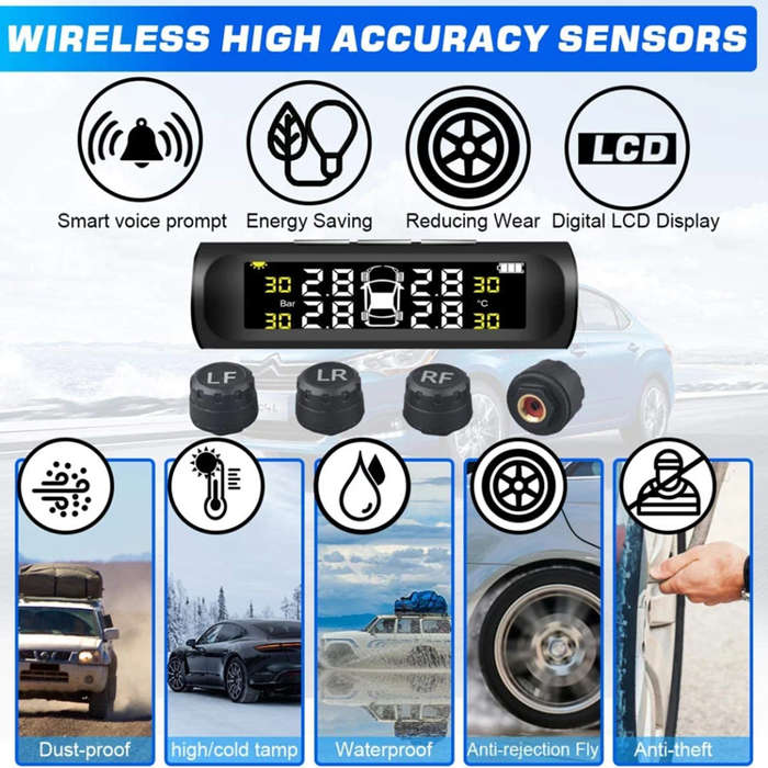 Solar powered tire pressure monitoring system waterproof TPMS with 4 sensors