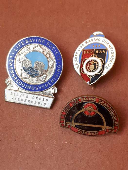 South African Surf Life Saving Championships pin badges 1953/1966 Durban. S.A. Life Saving Society