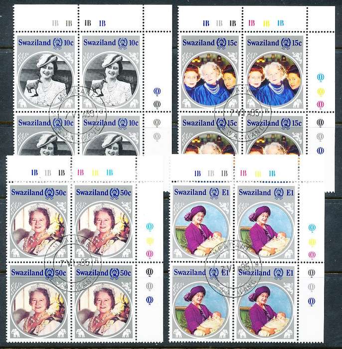 SWAZILAND   1985   - Queen Mother  FULL  SET  of CONTROL BLOCKS   B  -    FINE  CTO  USED