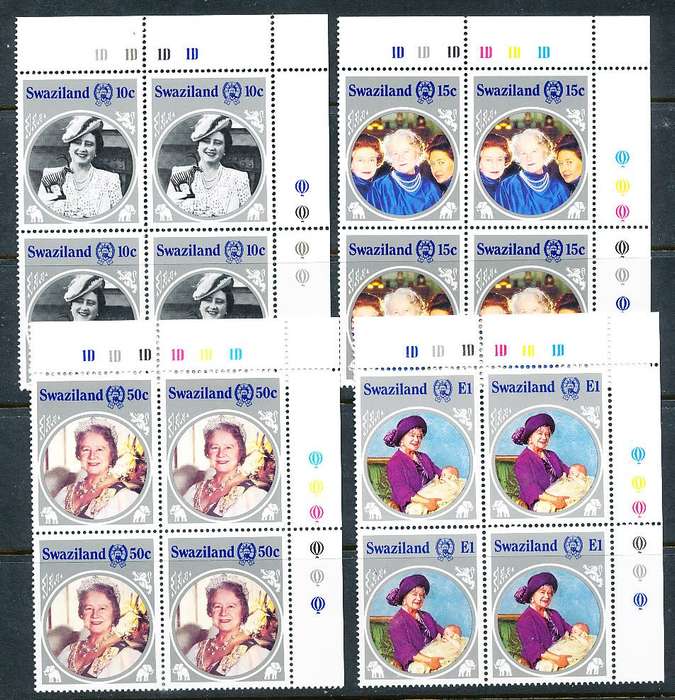 SWAZILAND   1985   - Queen Mother  FULL  SET  of CONTROL BLOCKS   D  -    FINE  MINT