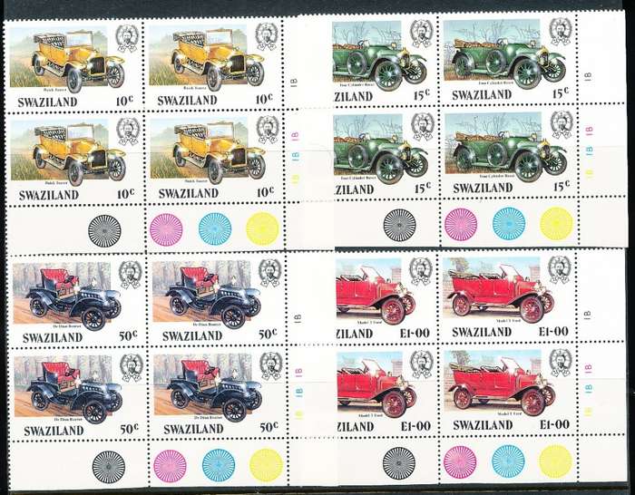 SWAZILAND   1985   - Veteran Cars  FULL  SET  of CONTROL BLOCKS   B  -    FINE  MINT