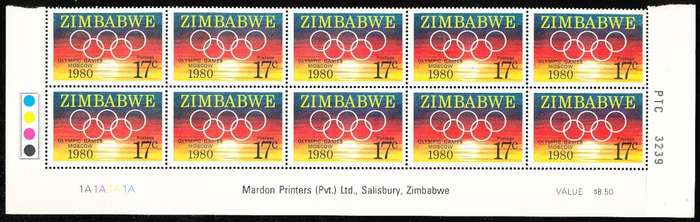 ZIMBABWE  1980  -   Olympic Games - Moscow  EXTENDED  CONTROL  ` A`  BLOCK  -  FINE  MINT