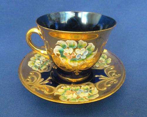 Venetian Cobalt Blue Glass Cup And Saucer -  Enamelled Floral & Gilded