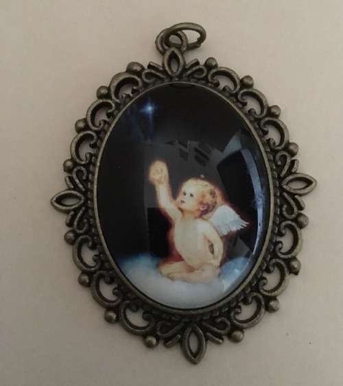 OVAL GLASS ANTIQUE BRONZE LOOK -30 X 40MM CABOCHON NECKLACE - LITTLE ANGEL