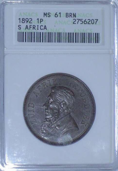 1892 ZAR Anacs MS61 BRN pennie penny