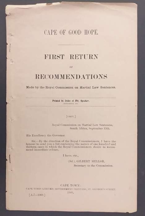 First Return of Recommendations Made by... Martial Law... Cape of Good Hope 1902 Anglo Boereoorlog